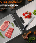 Top view of double-sided cutting board: 316 stainless steel and wheat straw surfaces, extra-large for meat.