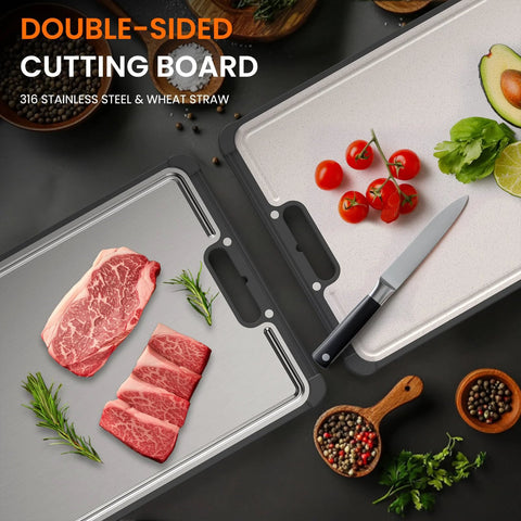 Top view of double-sided cutting board: 316 stainless steel and wheat straw surfaces, extra-large for meat.