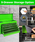 Heavy Duty 24 Inch Metal Tool Chest With Nine Ball Bearing Drawers Eva Lined Organizers Smooth As Silk Glides open with green finish.