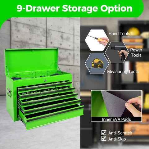 Heavy Duty 24 Inch Metal Tool Chest With Nine Ball Bearing Drawers Eva Lined Organizers Smooth As Silk Glides open with green finish.