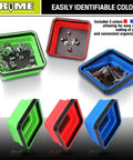 Collapsible Magnetic Parts Tray Set With 3 Foldable Silicone Bowls, 4.25 Inch Square Magnetic Base in green, red, blue