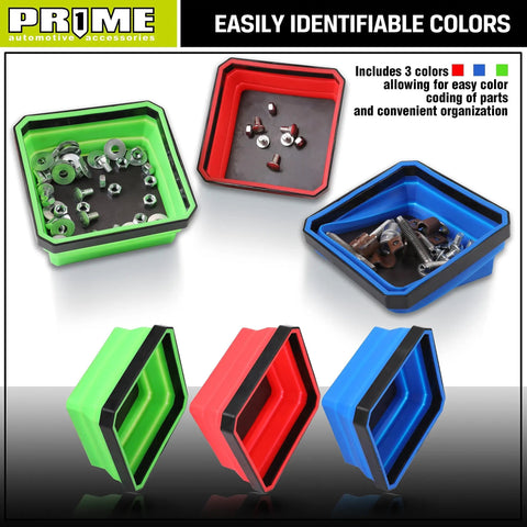 Collapsible Magnetic Parts Tray Set With 3 Foldable Silicone Bowls, 4.25 Inch Square Magnetic Base in green, red, blue