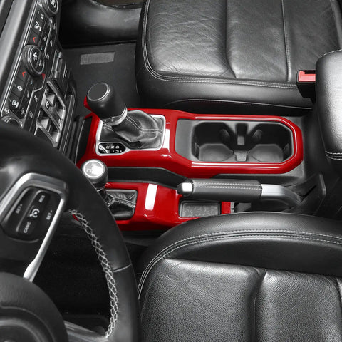 Red Gear Shift Cover And 4WD Shift Knob Trim Panel Kit For Jeep Wrangler JL JLU Gladiator JT 2018 2024 Two Piece Set Built In High Quality ABS Finish For A Sporty Red Interior Accent And Easy Install installed in vehicle interior.