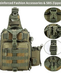 All Day Fishing Backpack With Water Resistant Tackle Bag Rod Holder And Multiway Carry Options in Army Green, SBS zippers shown