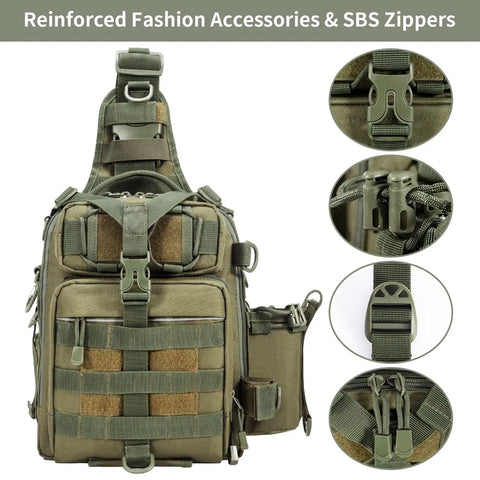 All Day Fishing Backpack With Water Resistant Tackle Bag Rod Holder And Multiway Carry Options in Army Green, SBS zippers shown