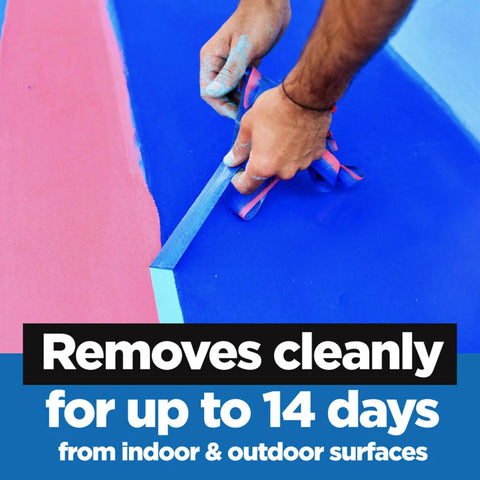 Person peeling off Multi Surface Painter Tape 1 Inch Wide Blue Masking Tape 60 Yards For Indoor And Outdoor Use Removable With Damage Free Adhesive from a painted surface
