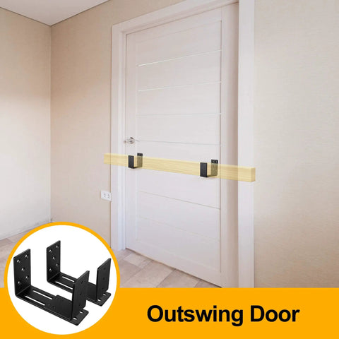 Two Pack Heavy Duty Barricade Brackets For Security Door Reinforcement Drop Open Bar Holder Steel U Bracket In 4.0mm Thick Steel Suitable For Outswing And Inswing Doors Or Gates Industrial Grade Black Powder Coating For Rust Resistance installed on outswing door
