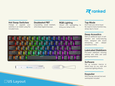Compact Hot Swappable Mechanical Gaming Keyboard Featuring Sixty One Keys Smooth Gateron Switches Fire Rgb Backlighting And Pc Mac Plug And Play For Serious Players with vibrant RGB lighting.