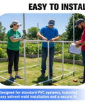 Three people assembling a garden frame with 1 Inch PVC Tee Fittings Sch40 3 Way Cross connectors, demonstrating installation ease.