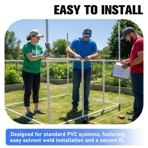 Three people assembling a garden frame with 1 Inch PVC Tee Fittings Sch40 3 Way Cross connectors, demonstrating installation ease.
