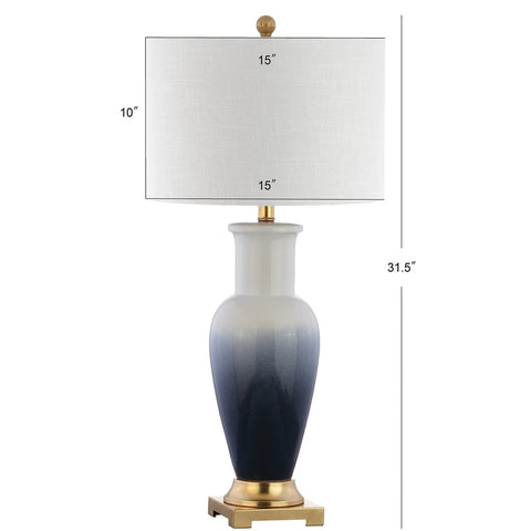 Dip Dye Ceramic Table Lamp, 31.5 Inch Height, White Navy Blue Gradient, Room-Ready Living Room or Bedroom Light with Linen Shade