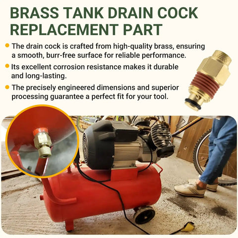 Easy Install 1/4 Inch NPT Manual Air Compressor Drain Valve Replacement displayed with a red air tank in a workshop setting.