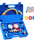 Three Way AC Diagnostic Manifold Gauge Set For Freon Charging With 3Ft Hoses Fits R134A R12 R22 And R502 in blue case