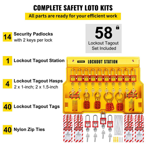58 Piece Lockout Tagout Kit For Rock Solid Electrical Safety Featuring Industrial Station Padlocks Hasps Warning Tags Zip Ties on display.