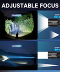 4 Pack Rechargeable LED Flashlights With 10000 Lumens Each And LCD Battery Display illustrating adjustable focus settings
