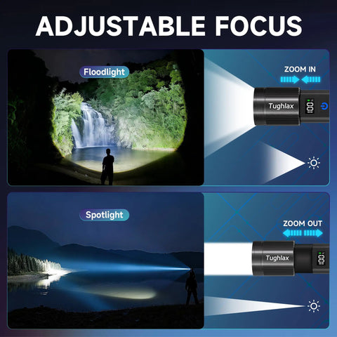 4 Pack Rechargeable LED Flashlights With 10000 Lumens Each And LCD Battery Display illustrating adjustable focus settings