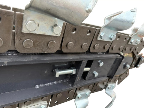 Close-up of metal blades on Field Trencher Skid Steer Attachment For Farms And Landscapes With 48 Inch Trench Depth And 8 Inch Cutting Width 15 To 25 GPM At 3000 PSI Hydraulic Flow Heavy Duty Build For Agriculture Gardening And Municipal Projects US Stock