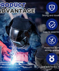 Pro Grade All in One Welding Helmet Cover With Cotton Bib And Extended Head And Neck Protection Press Fit Seal Hood For Full Coverage Head And Neck Protector Fits Most Helmets Black in use with welding tools and elements.