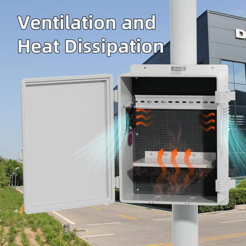 Outdoor NEMA Electrical Box Weatherproof 16x11x6 Inch ABS Plastic WiFi Enclosure With Vented Dust Screen And Built In Fan installed on pole
