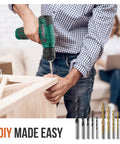 Person using Do-It-All 110-Piece Cordless Drill And Driver Kit With Portable Case, 8V USB Power on wood project with visible drill bits