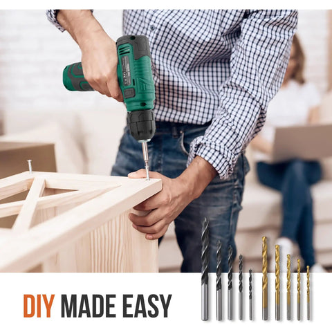 Person using Do-It-All 110-Piece Cordless Drill And Driver Kit With Portable Case, 8V USB Power on wood project with visible drill bits