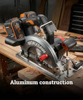 Heavy Duty Cordless Circular Saw Brings Knockout Forty Volt Power Backed By An Exact Seven One Fourth Inch Blade with aluminum construction.