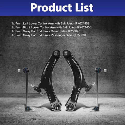 Direct Fit Front Left And Right Lower Control Arm Ball Joint Stabilizer Sway Bar Link Assembly Replacement For Nissan Rogue 2008 2013 And Rogue Select 2014 2015 Suspension Kit MS30194 K750094 Beefed Up; 2 control arms 2 end links