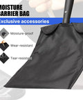 Black moisture barrier bag showing moisture, wear, and tear resistance labels.