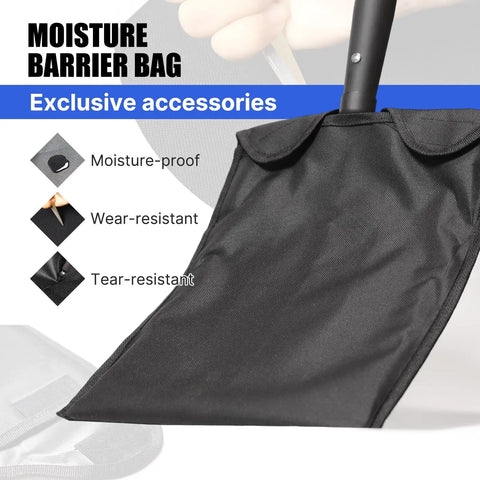 Black moisture barrier bag showing moisture, wear, and tear resistance labels.