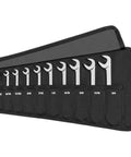 Angle Head Open End Wrench Set With Pouch, 11-Piece, Inch Sizes 1/4 to 3/4, displayed in a black carrying case.