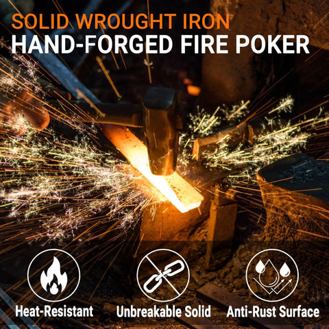 Crafting Beefy 40 Inch Heavy Duty Fire Poker With Twisted Rope Grip Solid 12mm Steel Wrought Iron Fireplace Tool For Outdoor Bonfires And Indoor Wood Stoves Built To Last And Easily Handle Large Logs, showing sparks and heat resistance.