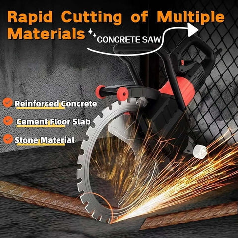 Badass Yet Precise Brushless Concrete Ring Saw With 8900 Watt Drive Motor, Water Powered Dust Scrubber, Pro Grade Titanium Alloy Blade For Clean Fifty Centimeter Cuts cutting through reinforced concrete with sparks flying.