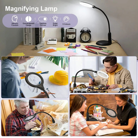 2 In 1 LED Magnifying Glass With Light And Stand for Crafting, Hands Free Desk Clamp Lamp on desk, illustrating multiple uses