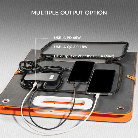 Ultra Portable 98Wh Solar Generator Kit With 60W Foldable Panel showing multiple output options, USB-C 45W, USB-A 18W