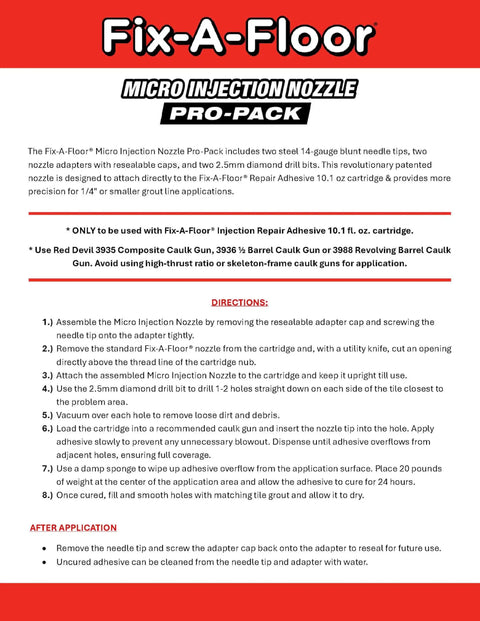 Fix-A-Floor Micro Injection Nozzle Pro-Pack instructions with images of components and application tips.
