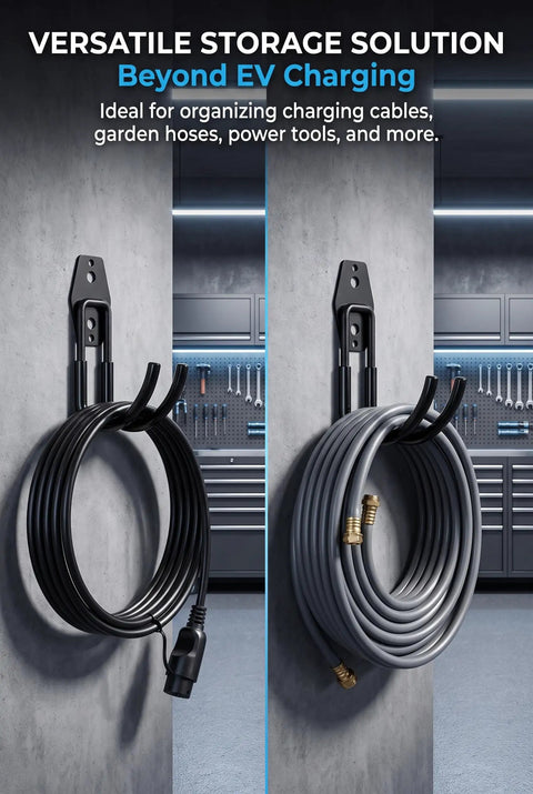 Built Like A Tank 2 Pack EV Charger Holder Wall Mount, Heavy Duty Steel Cable Organizer J Hook with coiled cables.