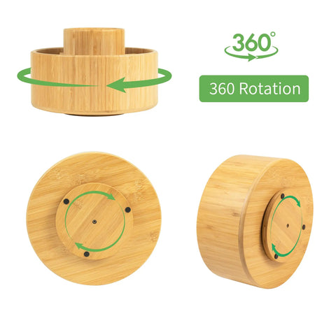 Large Bamboo 360 Degree Rotating Pencil Holder Desk Organizer With 11 Compartments showing base and rotation feature