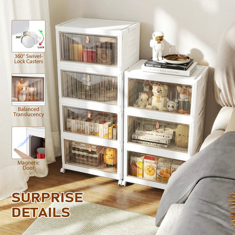 Four Tier Storage Bins With Lids On Wheels, 23QT Each, Stackable Closet Organizers in a room with books and decor.