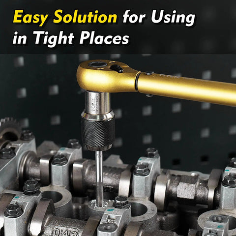 Tap Socket Set With Adjustable Jaws And 3/8 Inch Adapter in use on engine, showing its application in tight spaces for tapping.