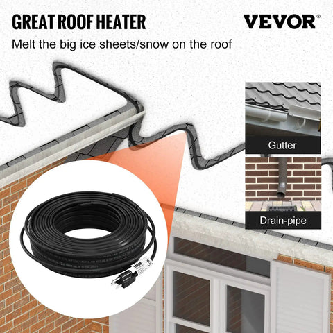 Self Regulating Pipe Heating Cable 100 Feet 5W Per Foot Heat Tape For Pipes Roof Snow Melting to beat the winter and deicing gutter freeze protection 120V keeps water flowing prevents ice dams and roof damage with gutter and drain-pipe setup
