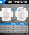 Heavy Duty 1-1/2 Inch PVC Union Coupling Socket To Socket Fittings, 4 Pack, specifications and dimensions chart