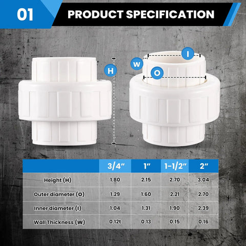 Heavy Duty 1-1/2 Inch PVC Union Coupling Socket To Socket Fittings, 4 Pack, specifications and dimensions chart