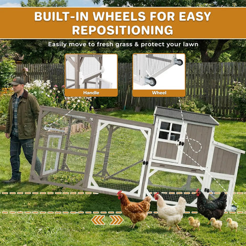 Spacious Backyard Chicken Coop With Walk-In Run And Wheels For 3 To 6 Hens, 95.3 Inch Wooden Hen House being repositioned in yard.