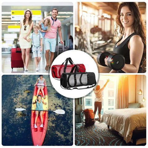 Large Capacity Mesh Gear Duffel Bag For Diving And Snorkeling Equipment Tear Resistant Nylon Travel Gym Duffel in red shown