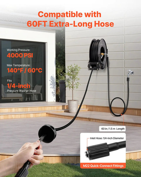 Heavy Duty Pressure Washer Hose Reel 60 Feet By One Quarter Inch Auto Rewind Steel Wall Mount For Car Wash Garden And Floor Cleaning 4000 PSI Max Smooth Retractable Hose Reel With Tangle Free Operation mounted on a wall