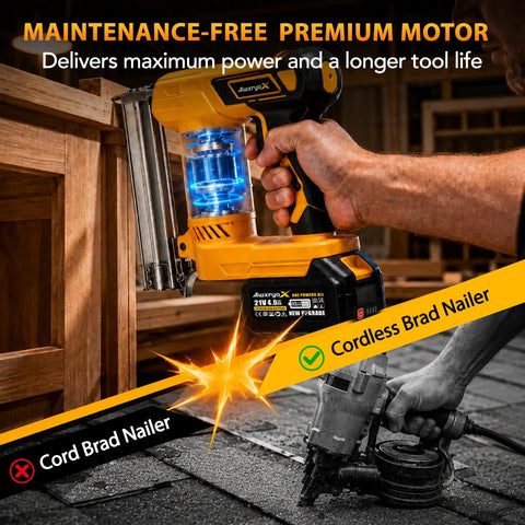 Badass Cordless Brad Nailer 18 Gauge Electric Nail Gun 21V Rechargeable Portable Nailer Kit With Two Solid Batteries And A 1000 Piece Nail Pack showcasing premium motor and ergonomic grip.