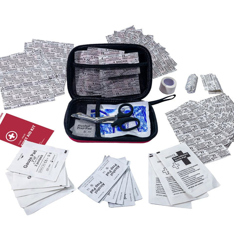 Front view of all-purpose first aid kit, 184 pieces, red zipper case with scissors, gauze, bandages