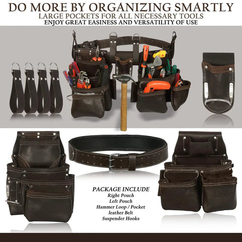 Premium Grain Leather Tool Belt With 19 Pockets And Padded Belt Carpenter Rig Set Hammer Holders Electrician Bag Construction Framing Pouch In Chocolate displayed with tools and suspenders.