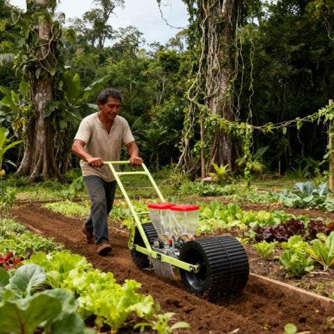 Person using Manual 2 Row Corn Seeder Hand Push Precision Planter With Adjustable Seed Dispenser in garden