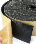 Close-up of Foam Pipe Wrap Insulation Tape Two Inch By One Eighth Inch By Thirty Foot Four Pack Self Adhesive Thermal Wrap in black with peeled adhesive layer.